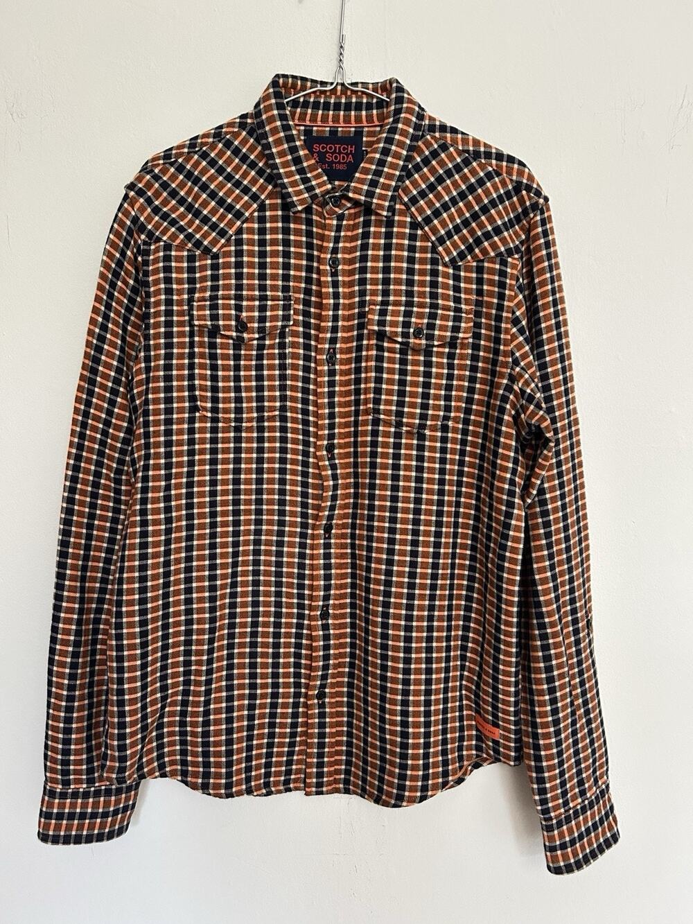 Scotch & Soda Western Flannel Shirt Men’s M Orange Navy Plaid Cotton Long Sleeve